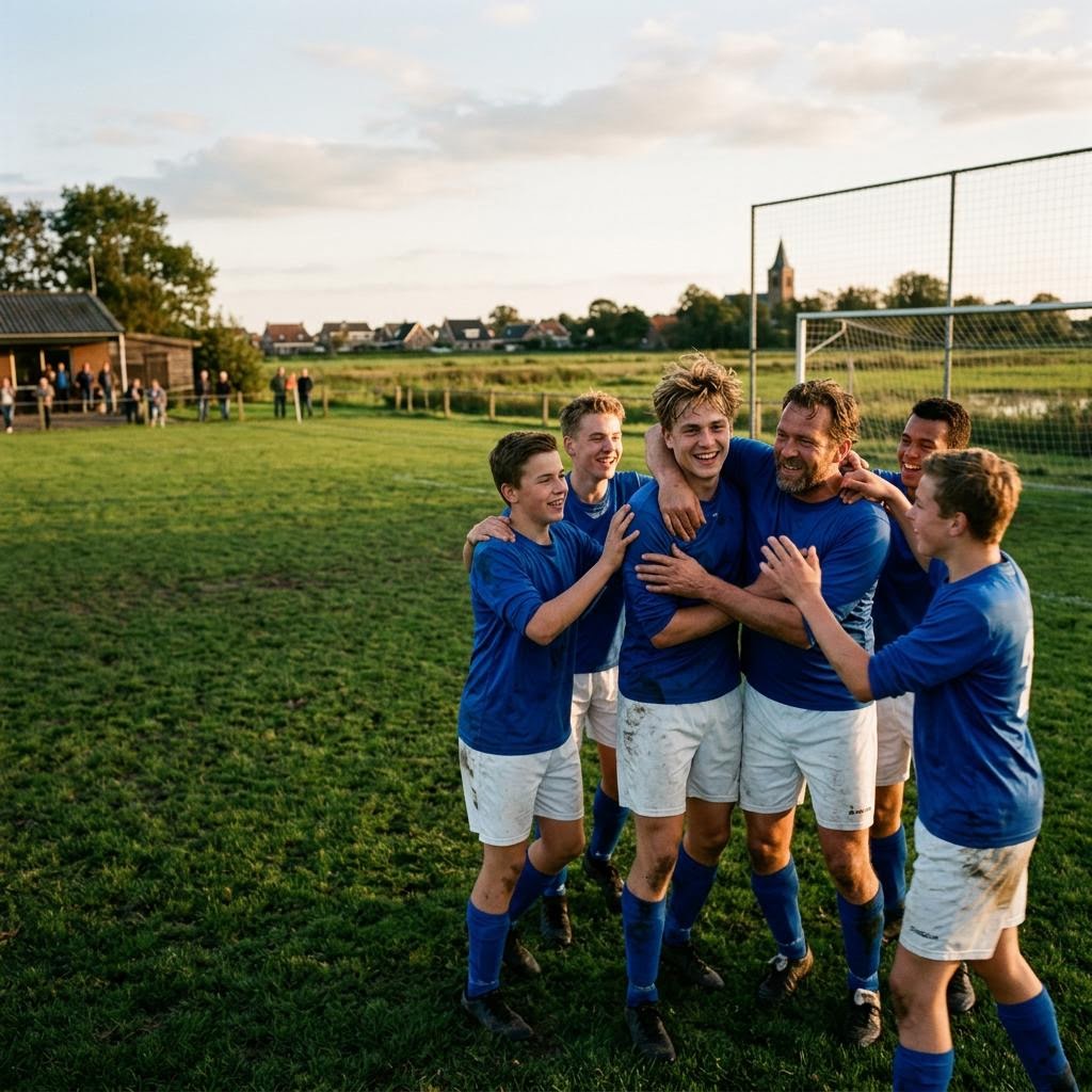 Sporters vieren samen een doelpunt